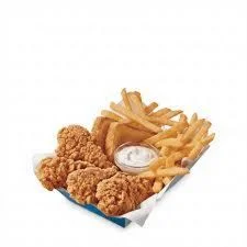 Dairy Queen 6 Piece Chicken Strip Basket with six crispy golden chicken strips seasoned fries and dipping sauce