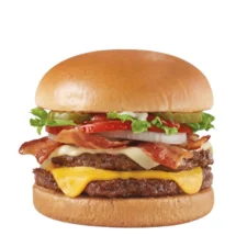 Dairy Queen Bacon Two Cheese Deluxe Stackburger with crispy bacon double cheese and fresh toppings on a toasted bun