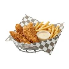 Dairy Queen 4 Piece Chicken Strip Basket with four crispy golden chicken strips fries and dipping sauce