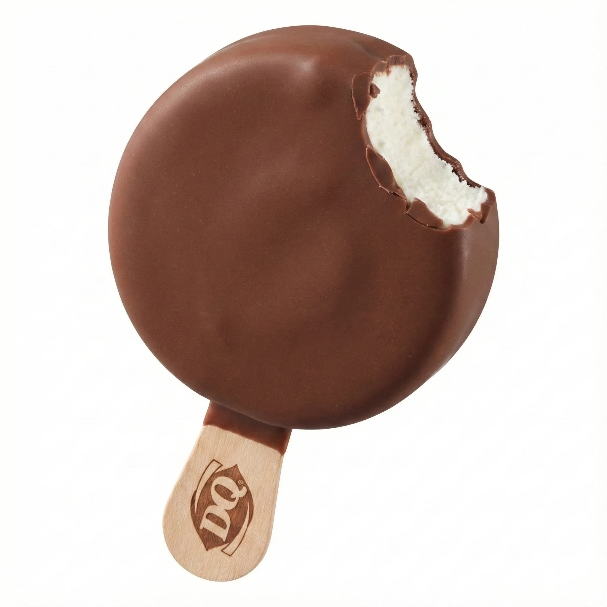 Dairy Queen Chocolate Dilly Bar with creamy vanilla soft serve coated in a smooth chocolate shell on a stick