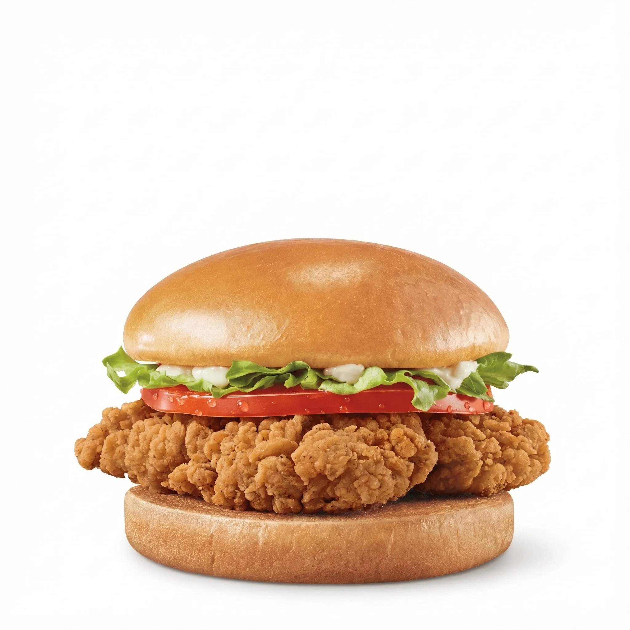 Dairy Queen Original Chicken Strip Sandwich with crispy golden chicken strip lettuce tomato and mayo on a toasted bun