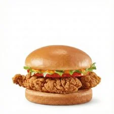 Dairy Queen Spicy Chicken Strip Sandwich with crispy spiced chicken strip lettuce tomato and creamy sauce on a toasted bun